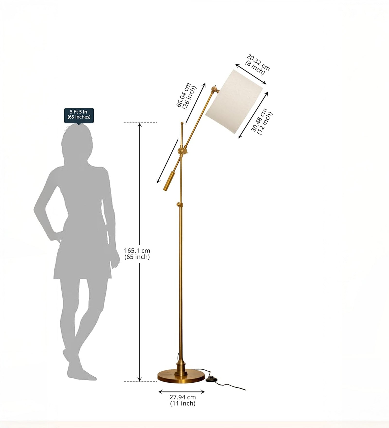 Modern Reading Task Floor Lamp Standing Focused Light Adjustable Height and Moveable Brass Antique finish