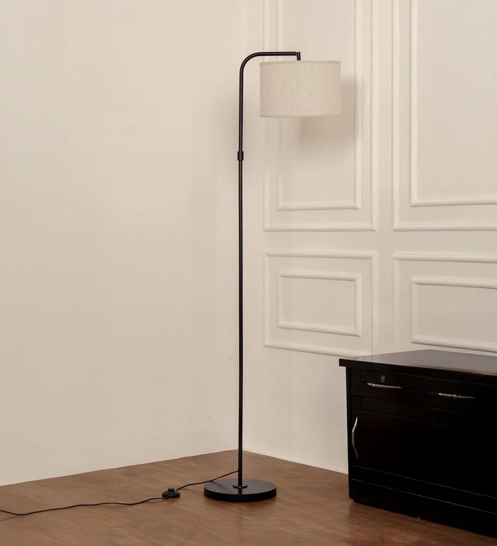 Black Modern Arc Floor Lamp 6Ft Height with 12 inches Off White Drum Lampshade with Adjustable Shade Angle