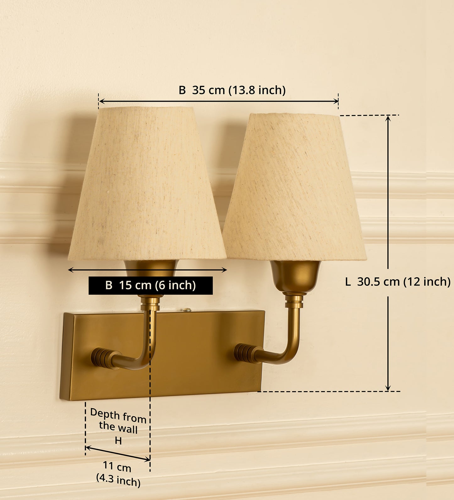 Double Elbow Wall Lamp with Off White Fabric Shade