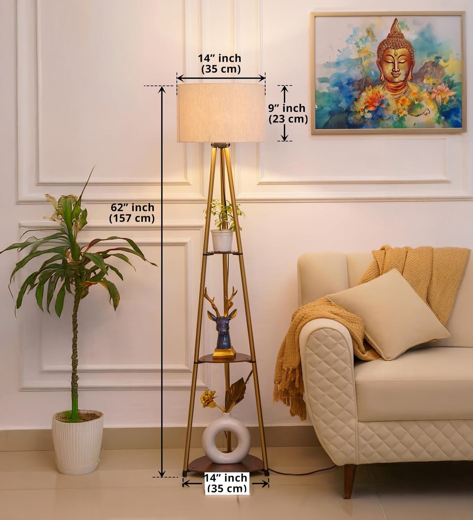 3 Shelves Floor Lamp Brass Antique Finish 5 Feet Height with 14” Diameter Off White Drum Shade