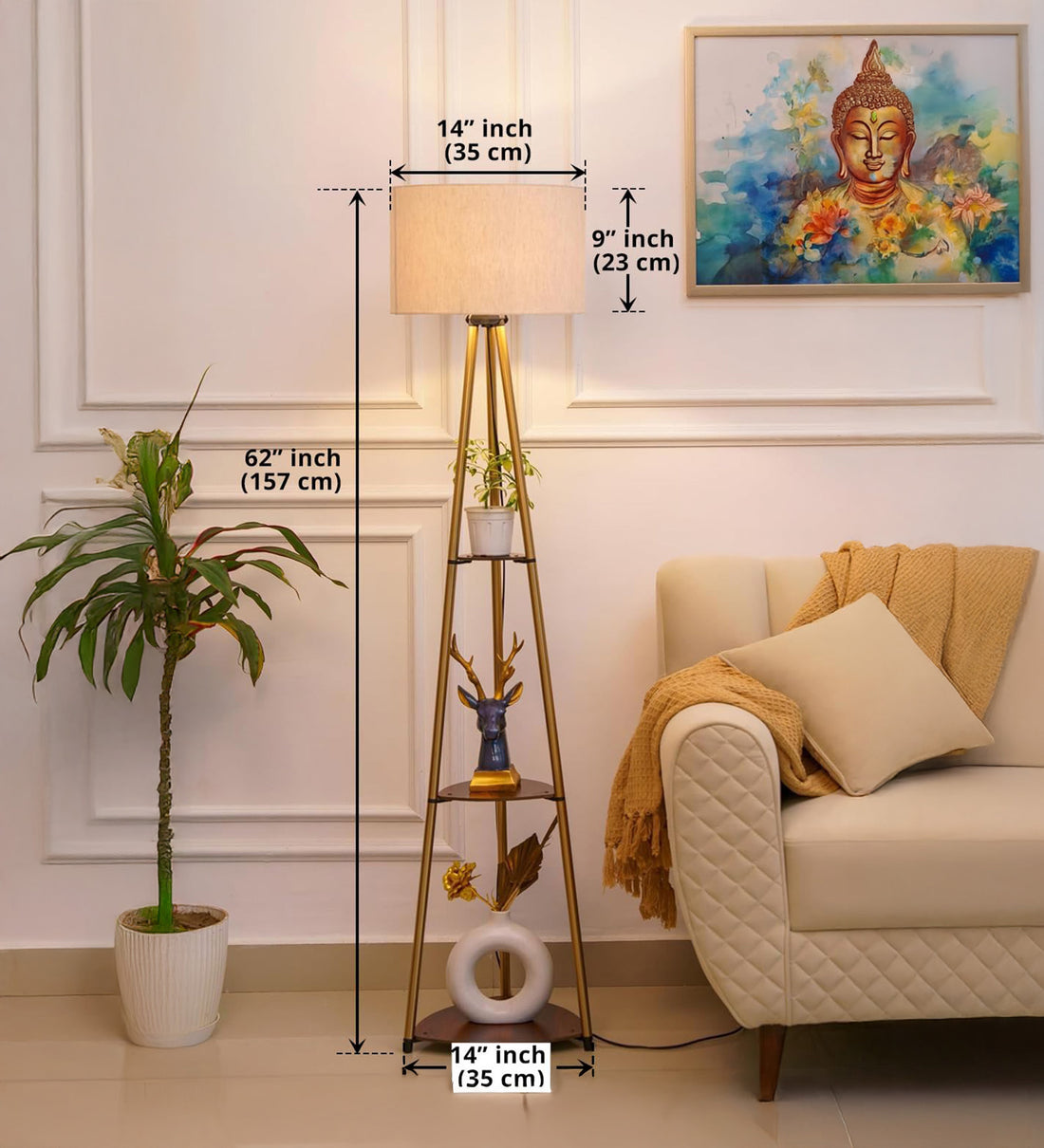 3 Shelves Floor Lamp Brass Antique Finish 5 Feet Height with 14” Diameter Off White Drum Shade