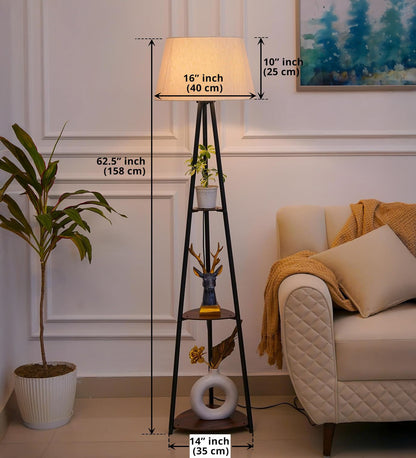 3 Shelf Floor Lamp Black with 16" Off White Shade