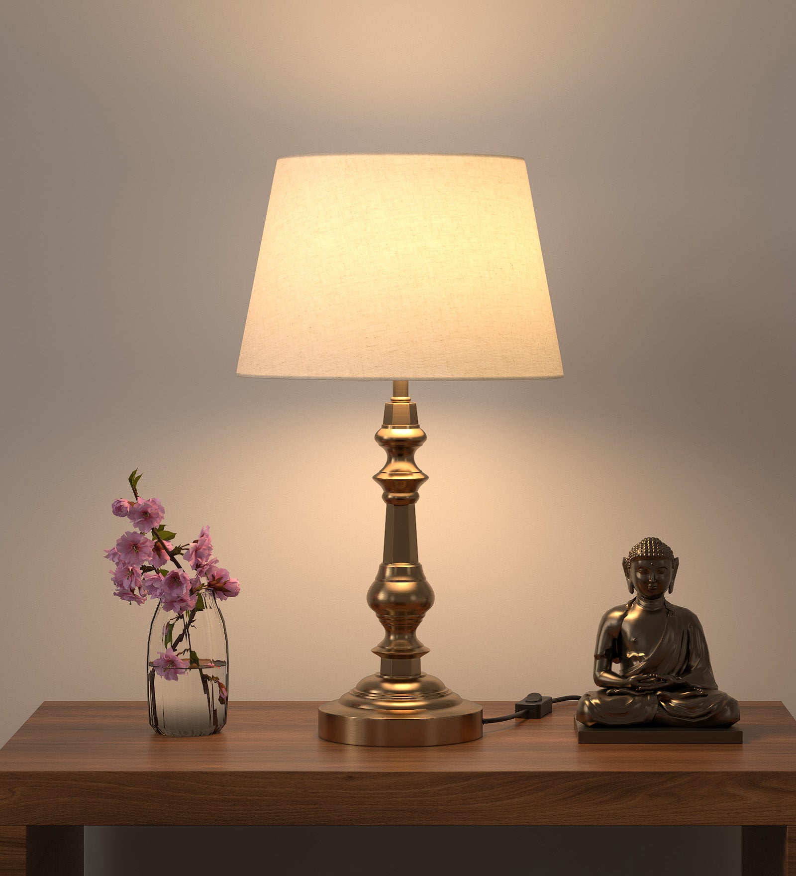 Table Lamp Brass Antique Gold Finish 21 inches Height with Off White 12 inches Diameter Lampshade