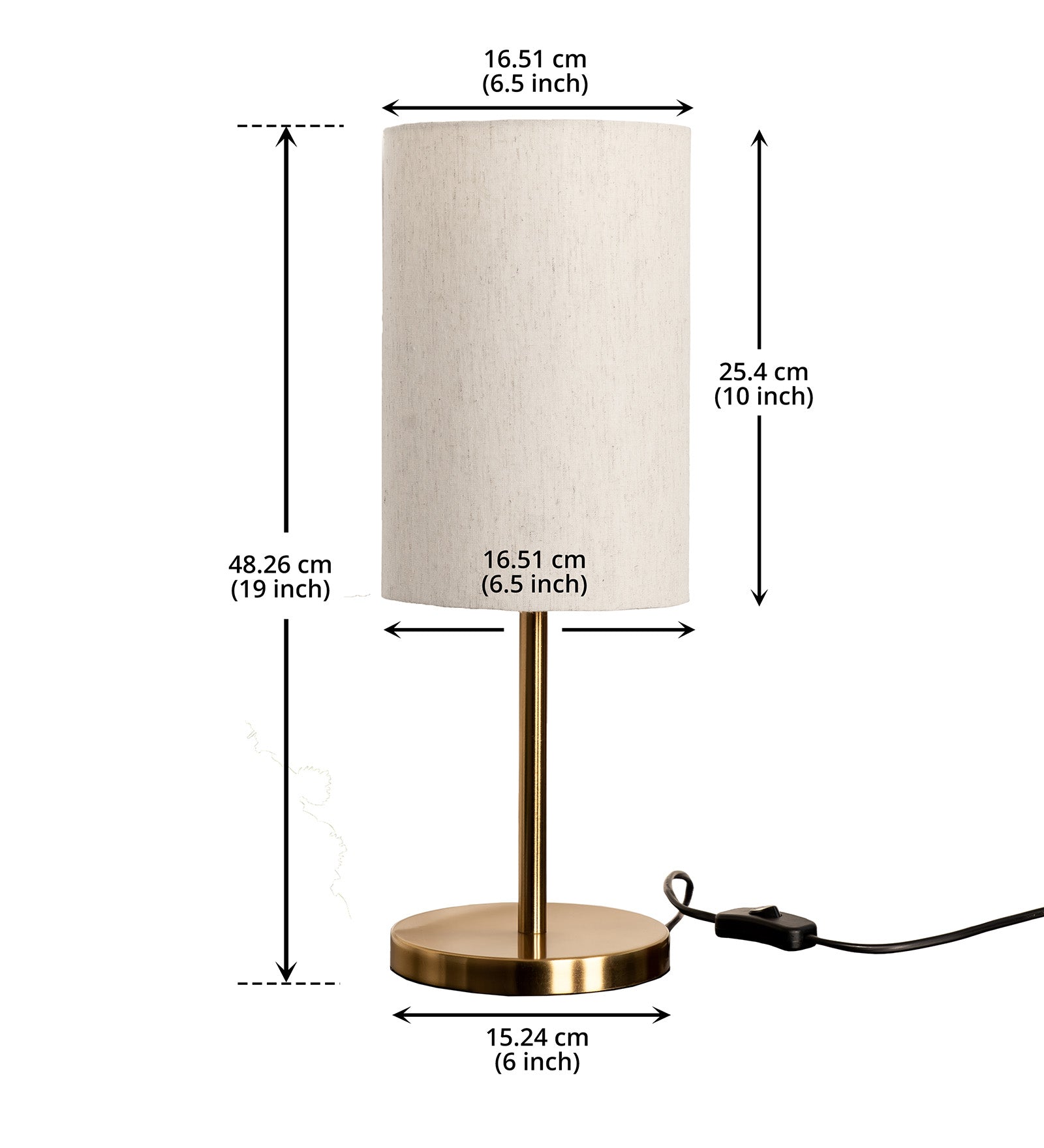 Table Lamp Antique Brass Finish 19 inches Height with Off White Cylinder Lampshade