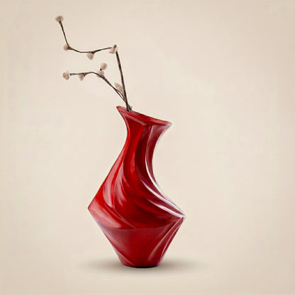 SculptWave Ruby Red Aluminum Decorative Vase – Modern Sculptural Accent