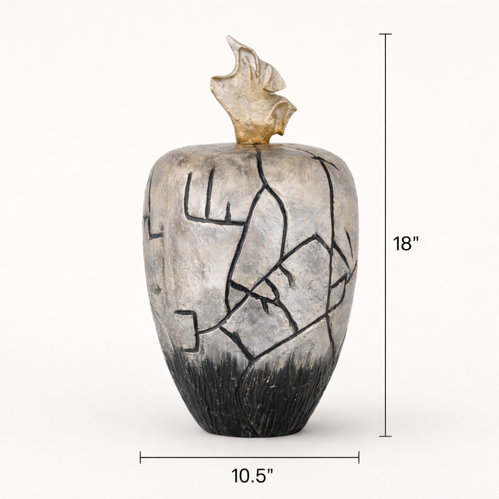 Onyx Mist Abstract Aluminum Decorative Vase – Modern Black & Gold Statement Accent