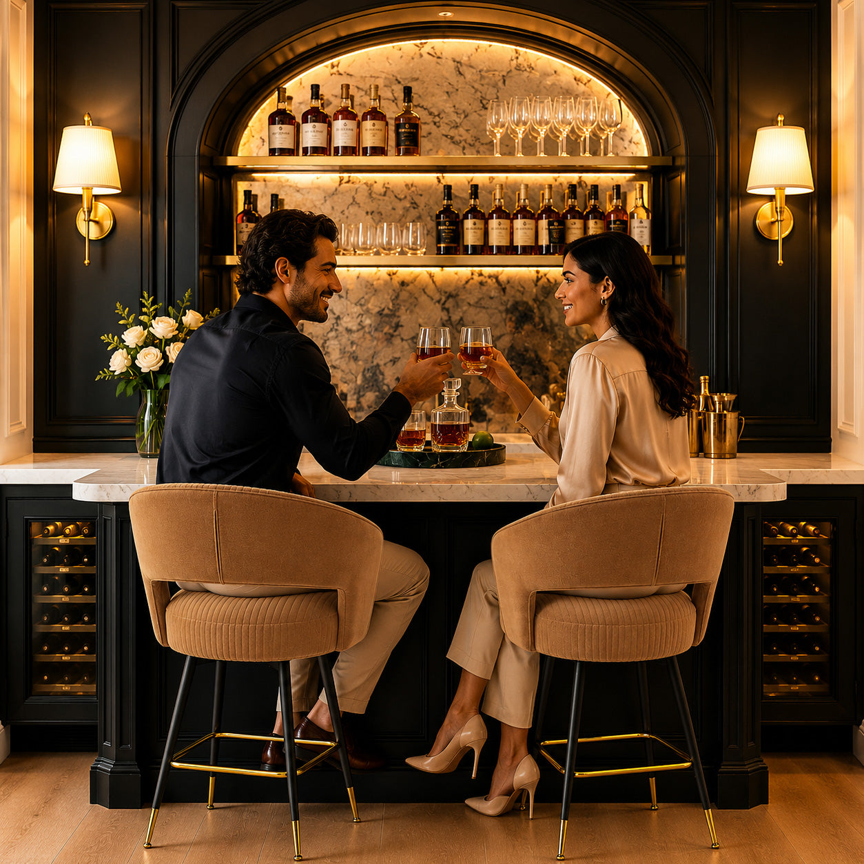 Mixoy Emerald Brown Velvet Bar Stool
