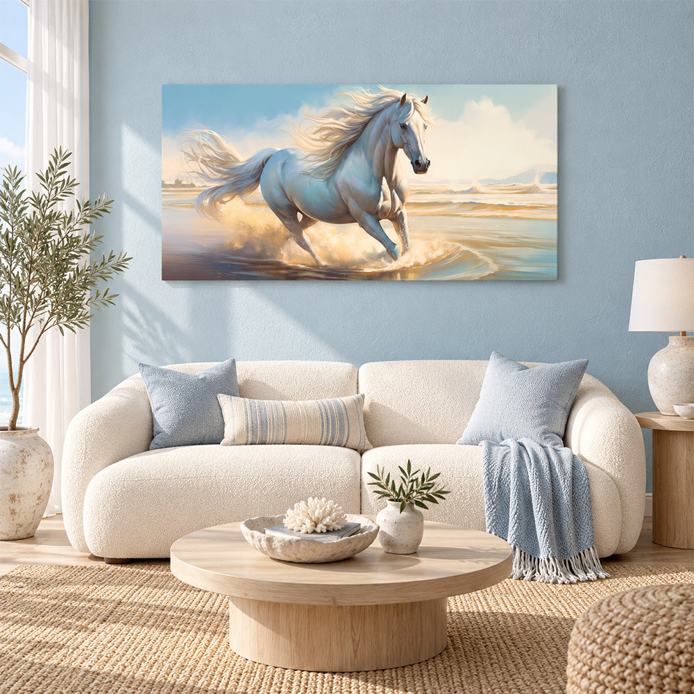 White Running Horse Wall Painting | Canvas Wall Art for Living Room, Bedroom & Office