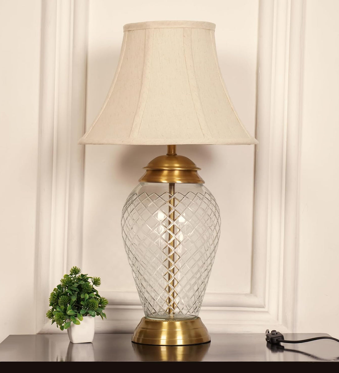 Royal Brass Antique Finish And Diamond Cut Glass Table Lamp 23 Inches Height With Off White Bell 14 Inches Diameter Lampshade