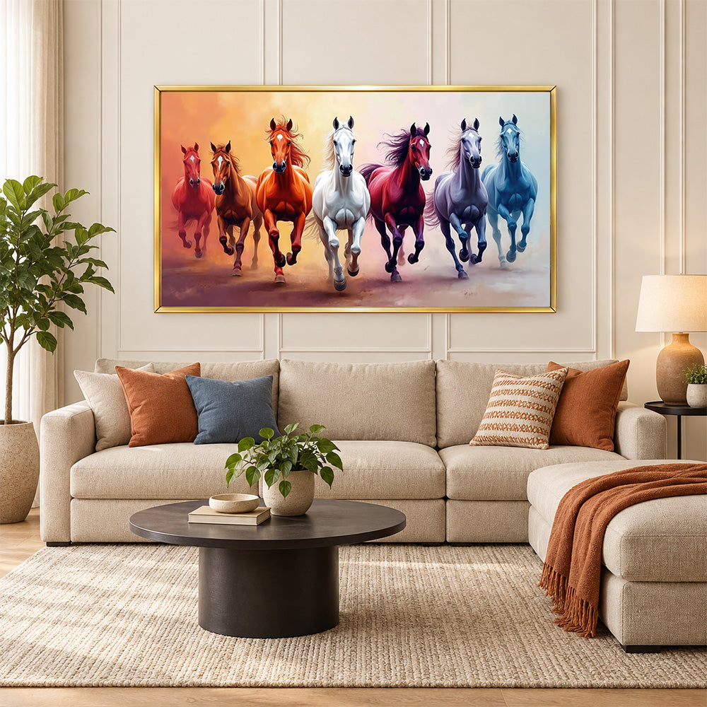 Colorful Seven Horses Wall Painting | Canvas Wall Art for Living Room, Bedroom & Office