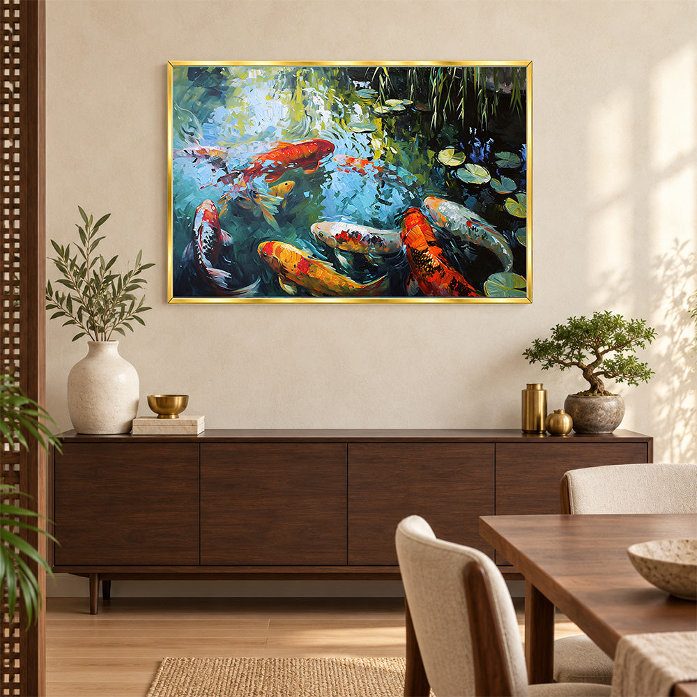 Koi Pond Nature Wall Painting | Canvas Wall Art for Living Room, Bedroom & Office