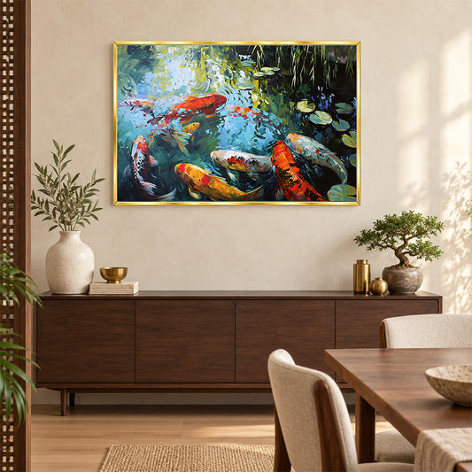 Koi Pond Nature Wall Painting | Canvas Wall Art for Living Room, Bedroom & Office
