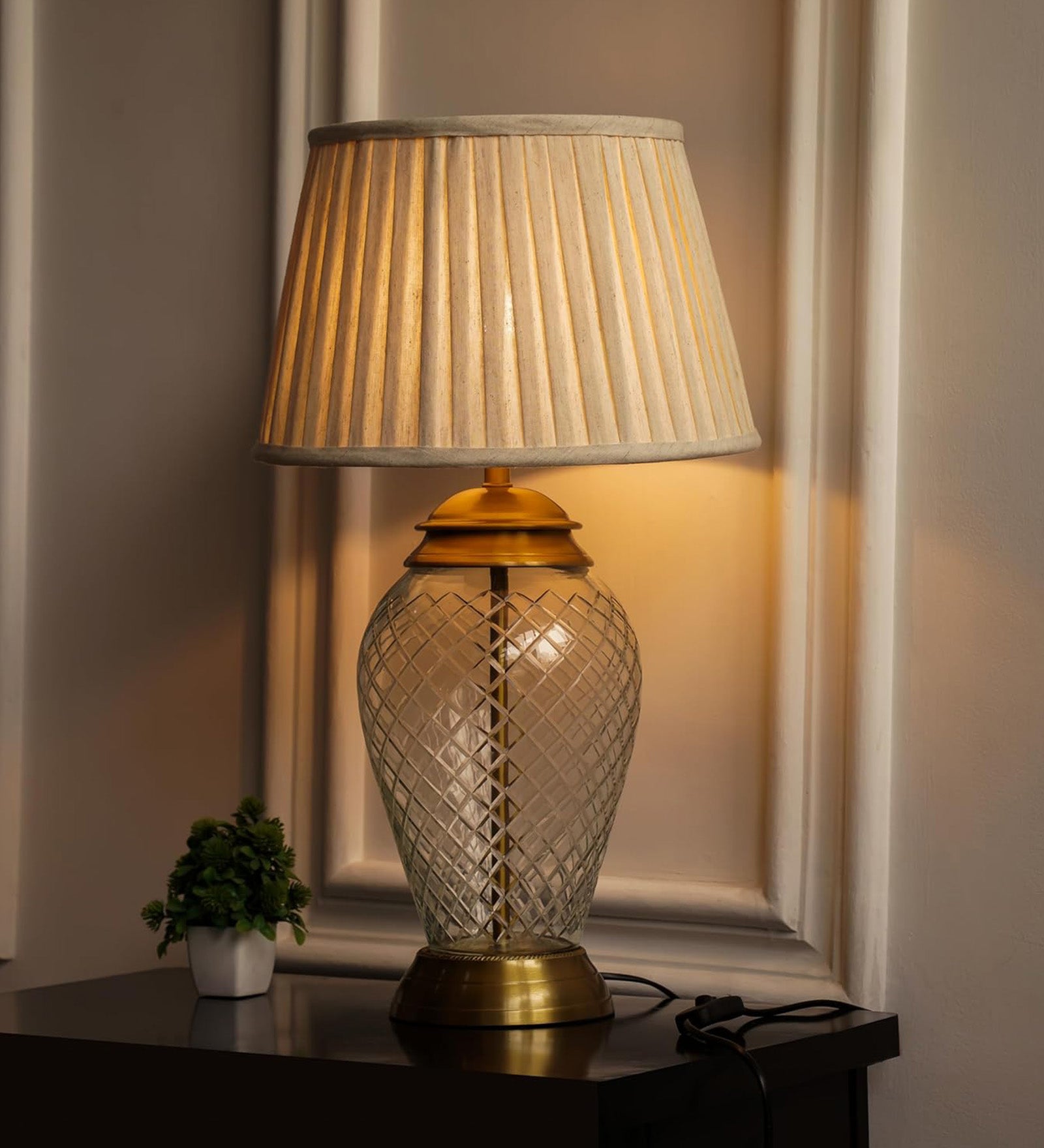 Royal Brass Antique Finish And Diamond Cut Glass Table Lamp 23 Inches Height With Off White Pleated 14 Inches Diameter Lampshade