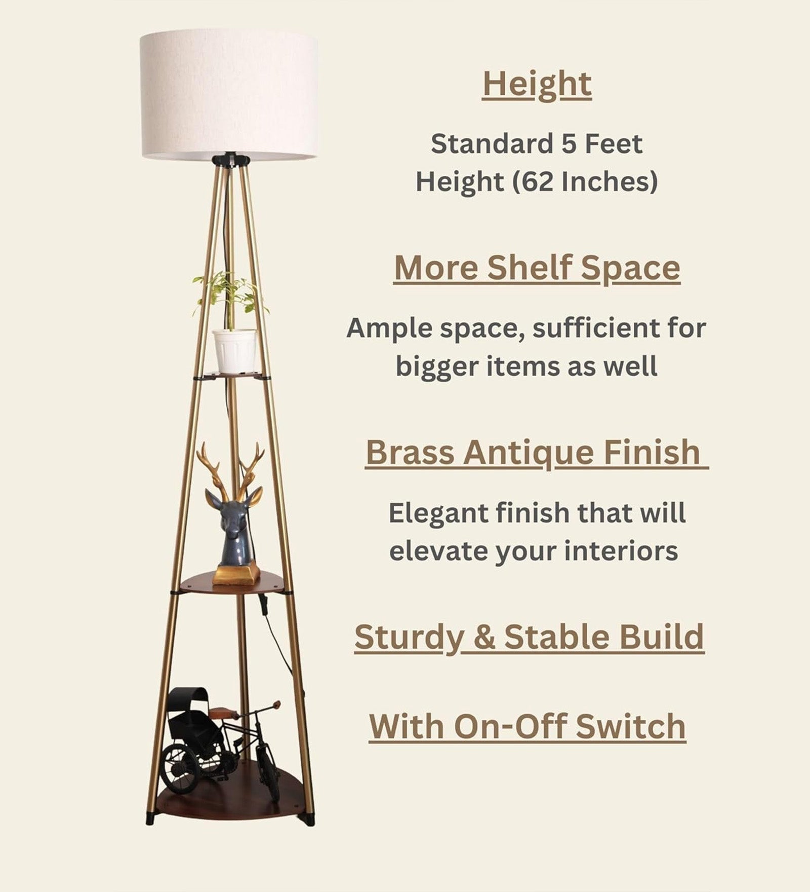 3 Shelves Floor Lamp Brass Antique Finish 5 Feet Height with 14” Diameter Off White Drum Shade