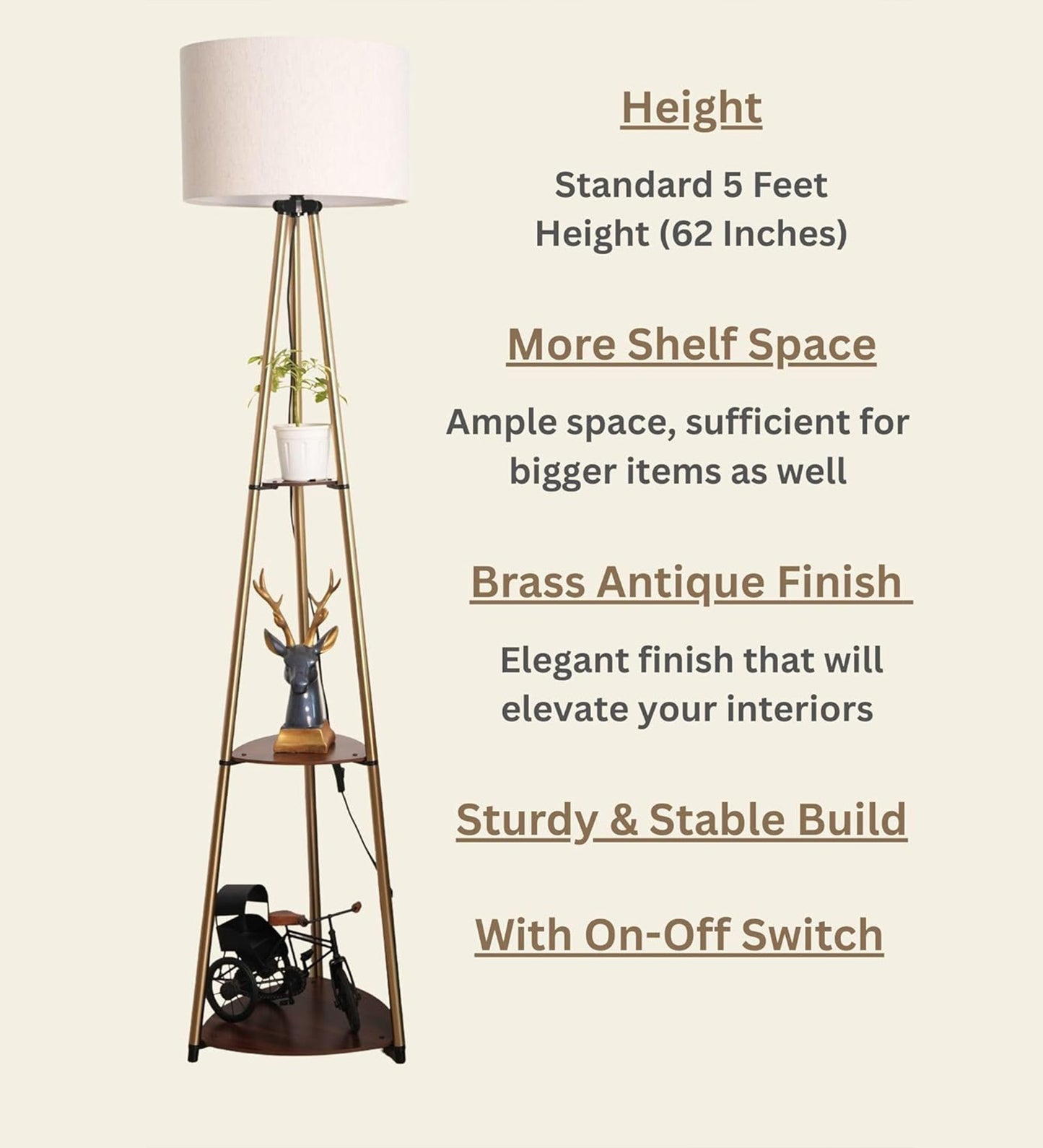 Antique Brass 3-Shelf Floor Lamp (5 ft) – 14″ Shade