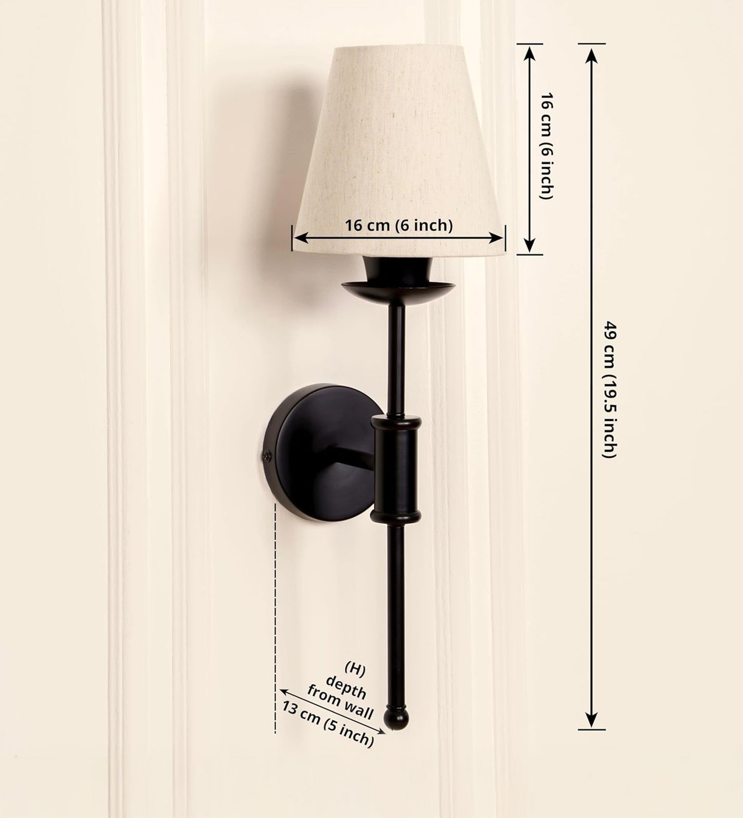 Black Spacer Wall Lamp with Off White Fabric Shade