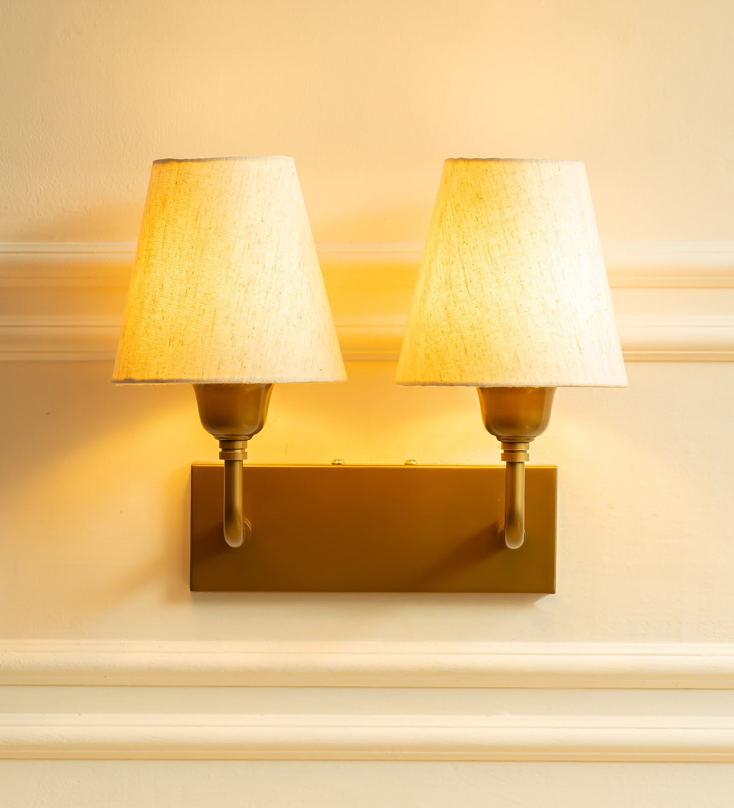Double Elbow Wall Lamp with Off White Fabric Shade