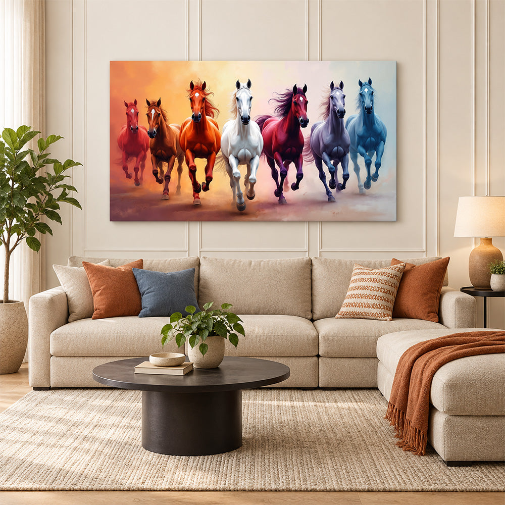 Colorful Seven Horses Wall Painting | Canvas Wall Art for Living Room, Bedroom & Office