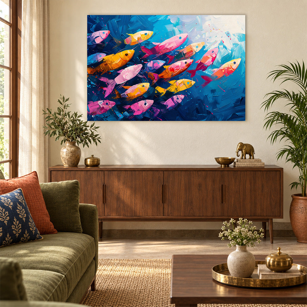 Colorful Fish School Wall Painting | Canvas Wall Art for Living Room, Bedroom & Office