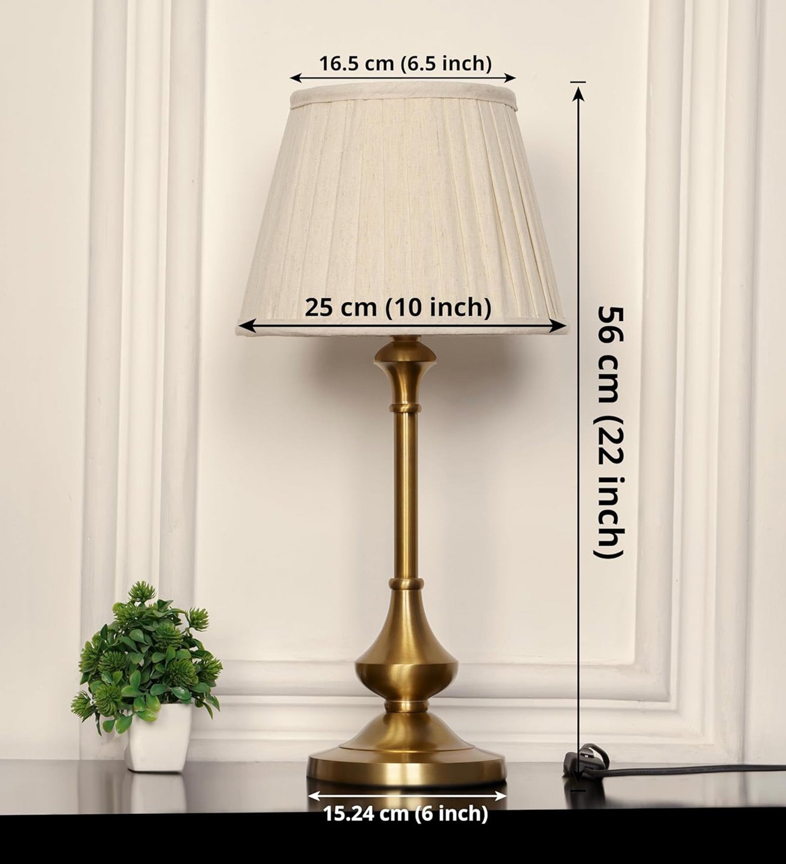 Brass Antique Gold Finish Table Lamp 22 Inches Height with Off White Pleated 10 Inches Diameter Lampshade