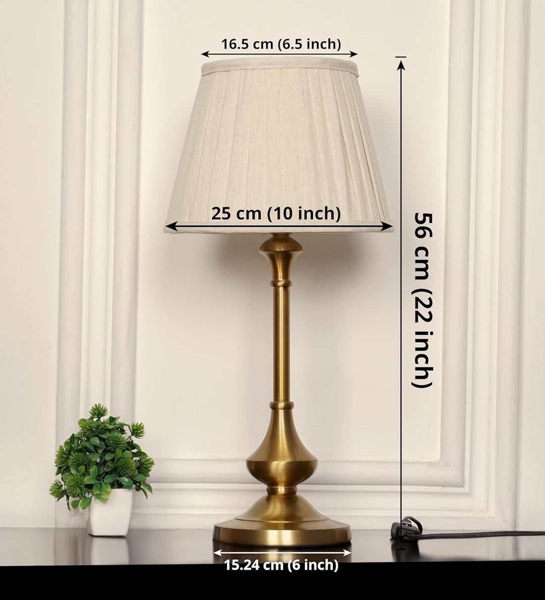 Brass Antique Gold Finish Table Lamp 22 Inches Height with Off White Pleated 10 Inches Diameter Lampshade