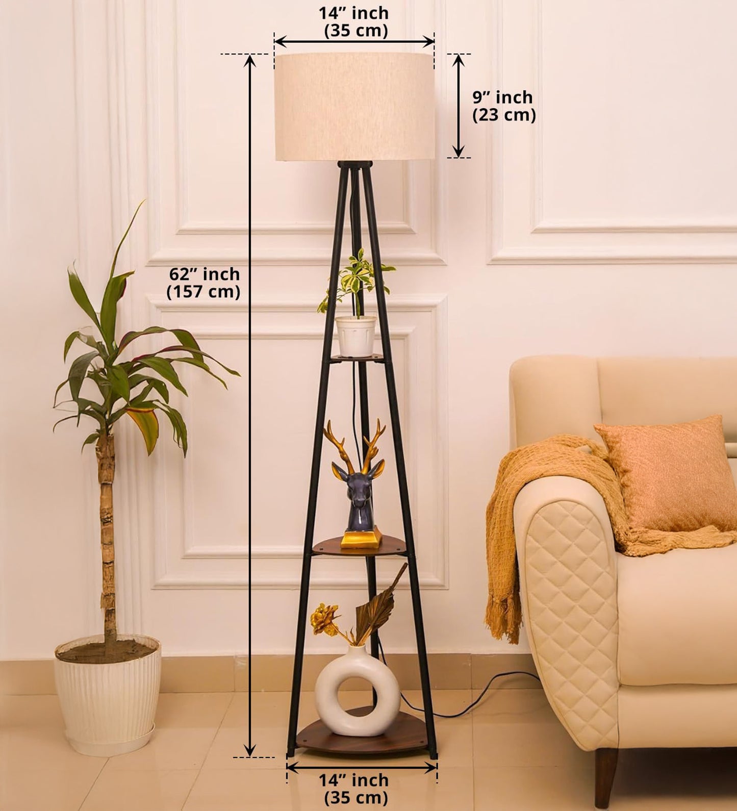 3 Shelf Floor Lamp Black with 14" Drum Shade