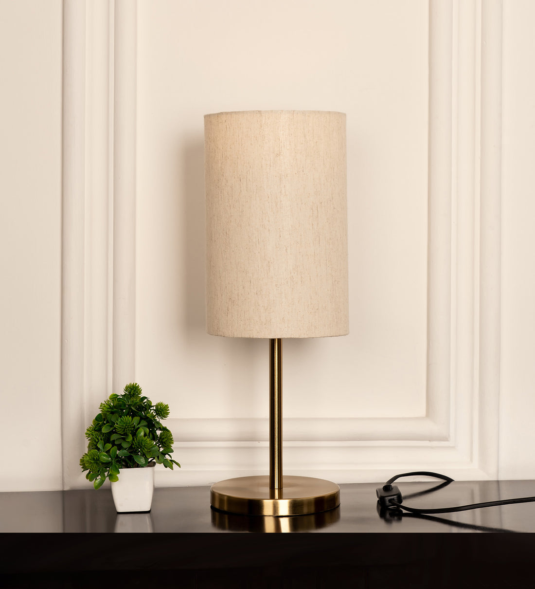 Table Lamp Antique Brass Finish 19 inches Height with Off White Cylinder Lampshade