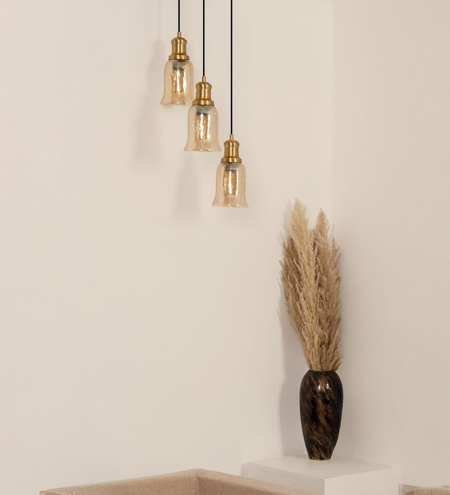 Triple Pendant with Crackled Golden Glass