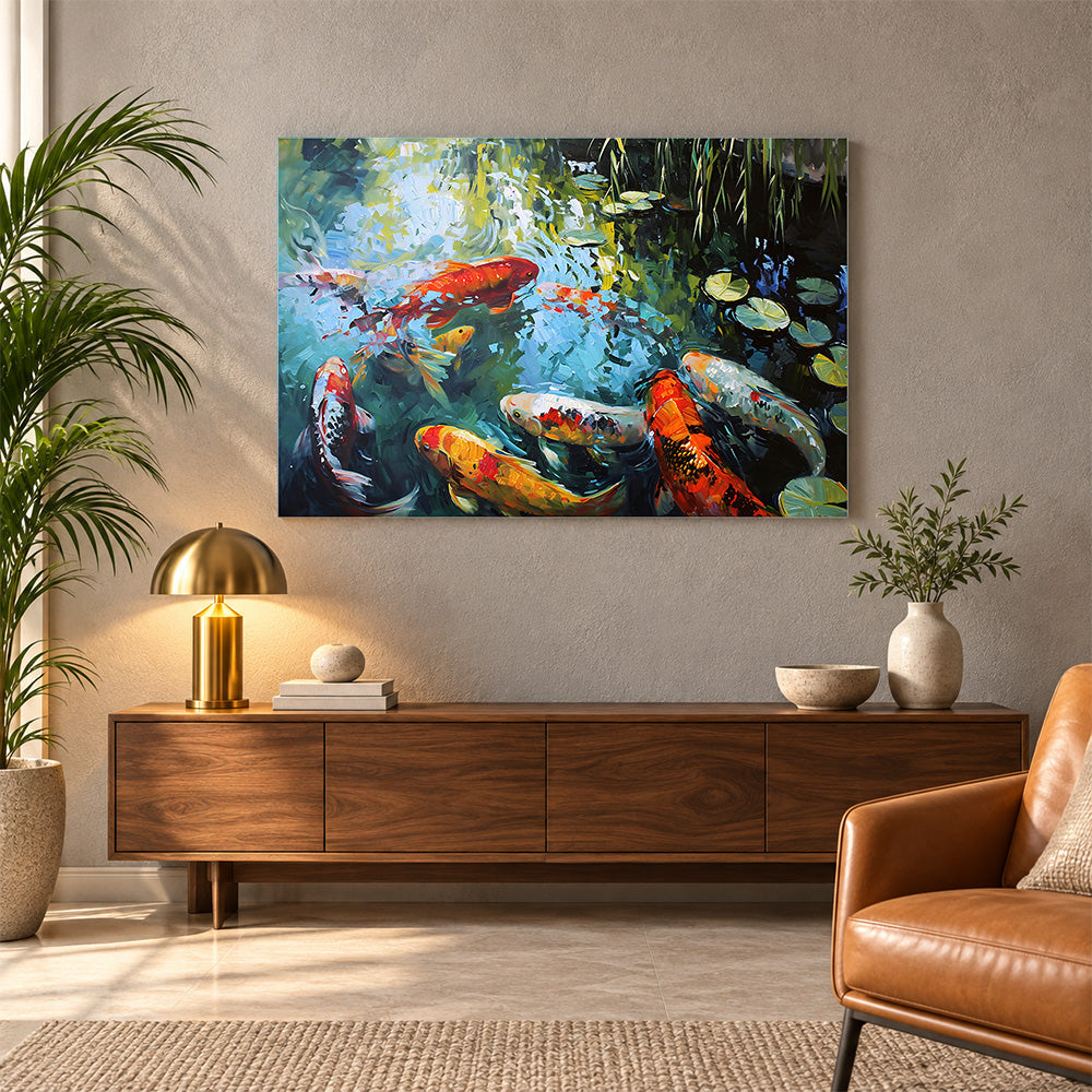 Koi Pond Nature Wall Painting | Canvas Wall Art for Living Room, Bedroom & Office