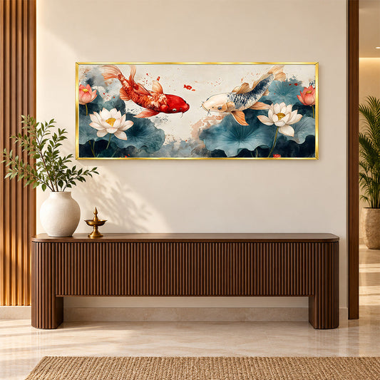 Koi Fish Panorama Wall Painting | Canvas Wall Art for Living Room, Bedroom & Office