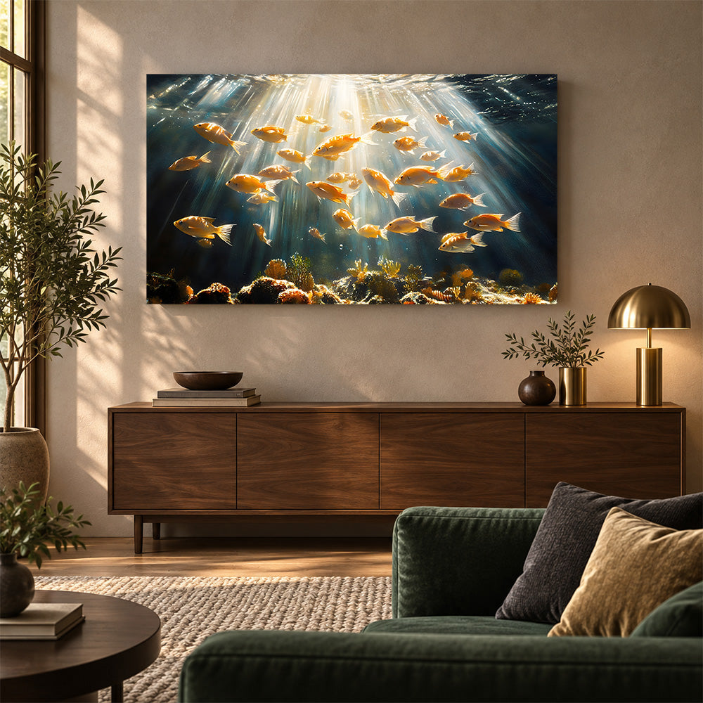 Underwater Fish School Wall Painting | Canvas Wall Art for Living Room, Bedroom & Office
