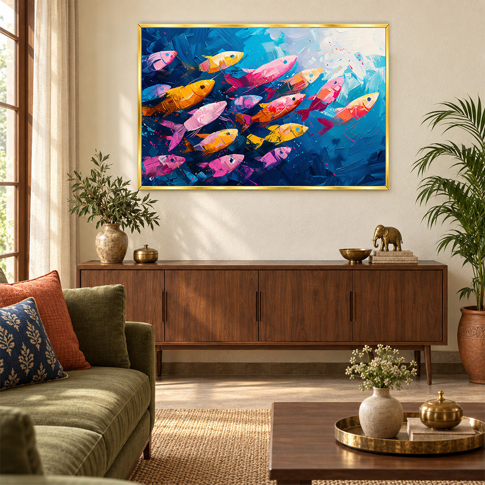 Colorful Fish School Wall Painting | Canvas Wall Art for Living Room, Bedroom & Office