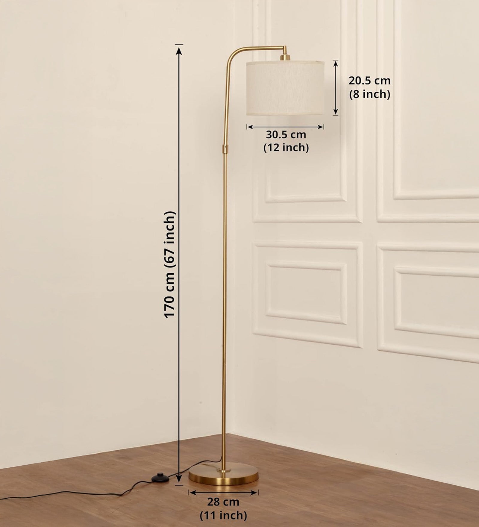 Brass Antique Finish Modern Arc Floor Lamp 6Ft Height with 12 inches Off White Drum Lampshade with Adjustable Shade Angle