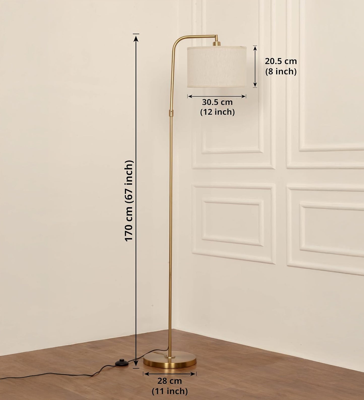 Antique Brass Arc Floor Lamp (6 ft) – Drum Shade