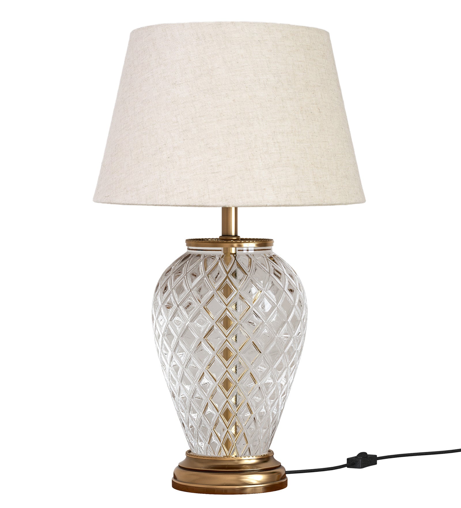 Royal Brass Antique Finish And Diamond Cut Glass Table Lamp 23 Inches Height With Off White 14 Inches Diameter Lampshade