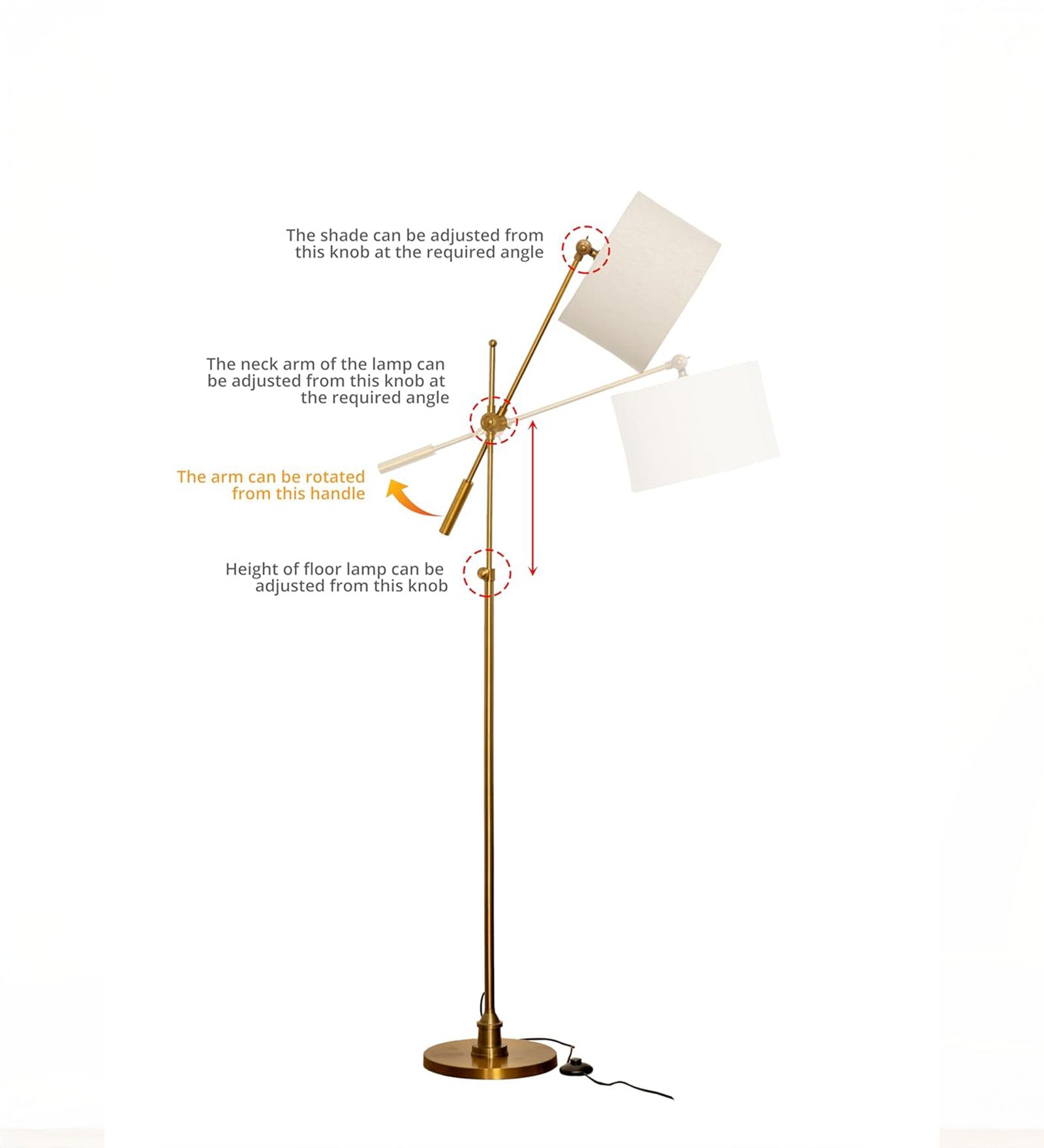 Modern Reading Task Floor Lamp Standing Focused Light Adjustable Height and Moveable Brass Antique finish