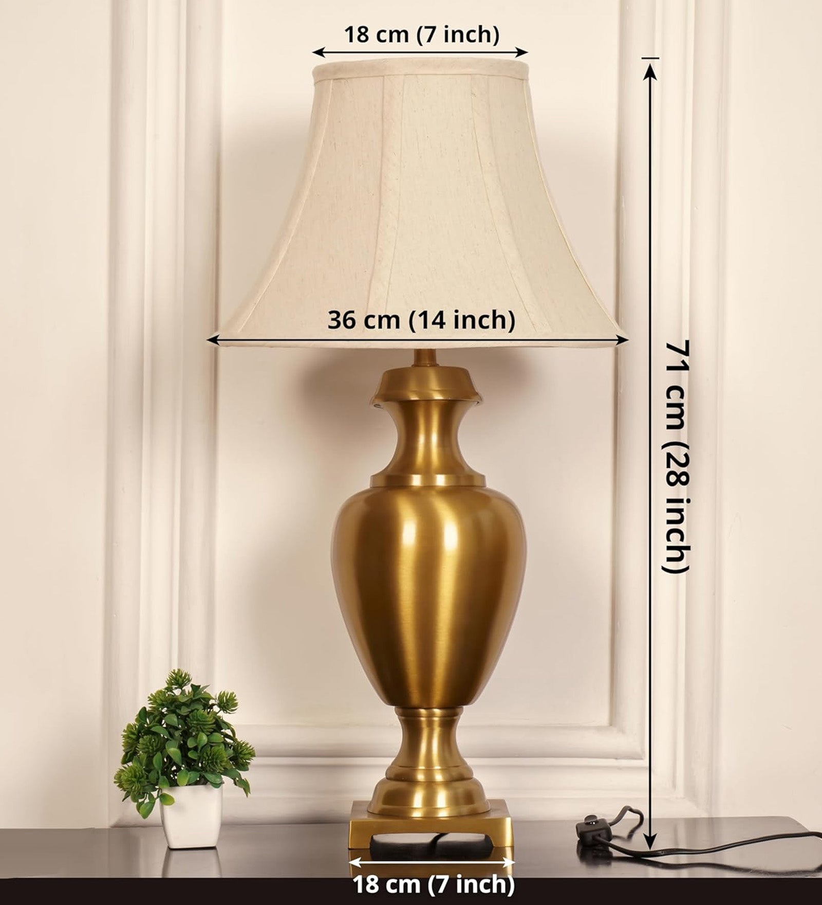 Royal Brass Antique Gold Finish Trophy Table Lamp 27 Inches Height With Off White Bell 14 Inches Diameter Lampshade