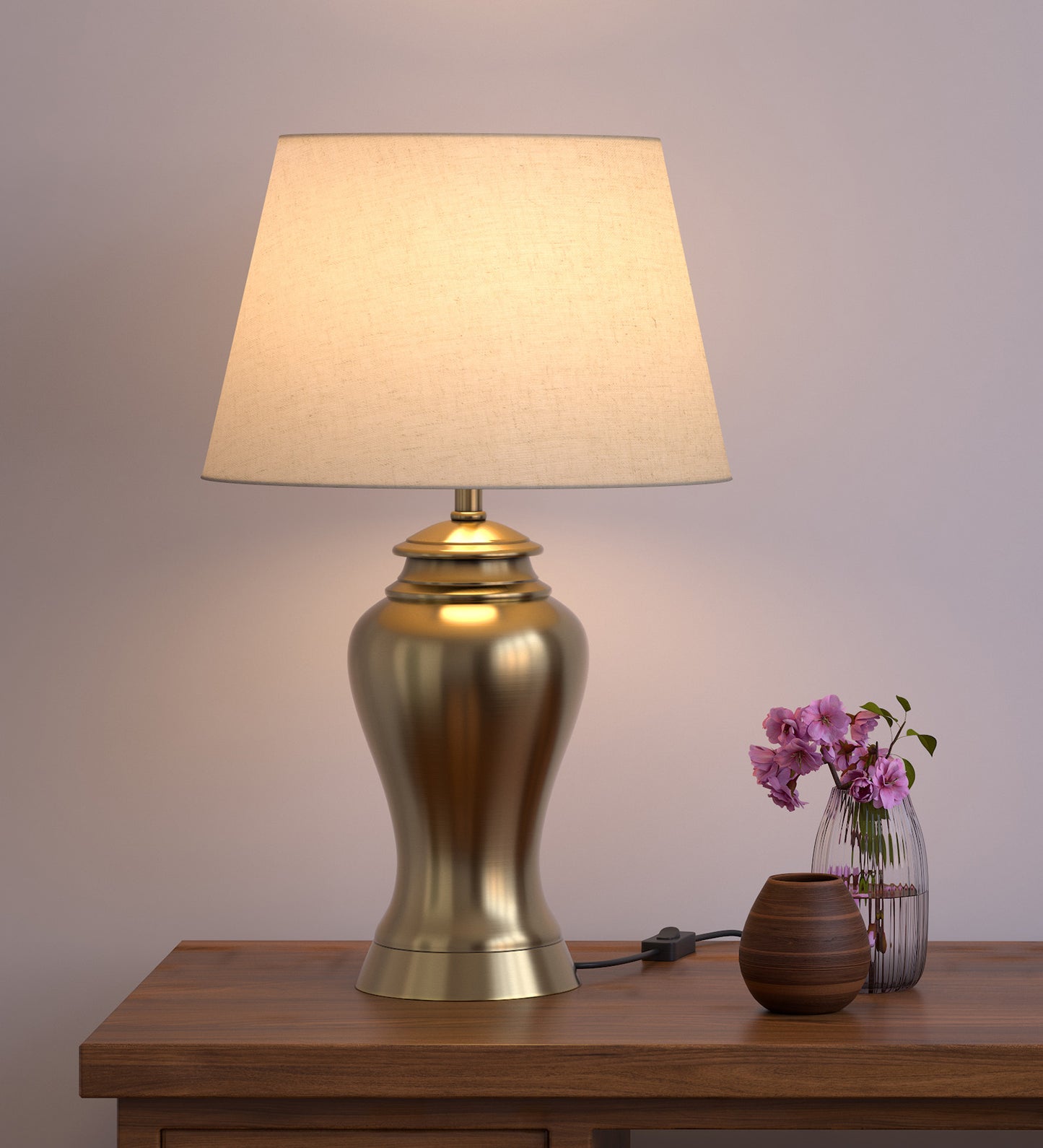 Antique Gold Brass Table Lamp (23") – Off-White 14" Shade