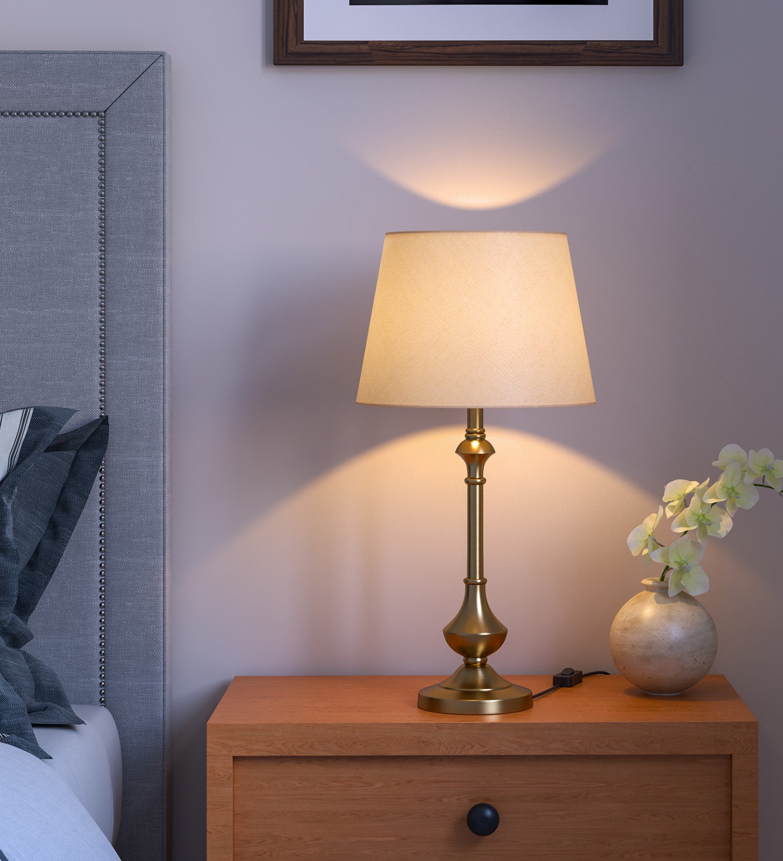 Brass Antique Gold Finish Table Lamp 22 Inches Height with Off White 10 Inches Diameter Lampshade