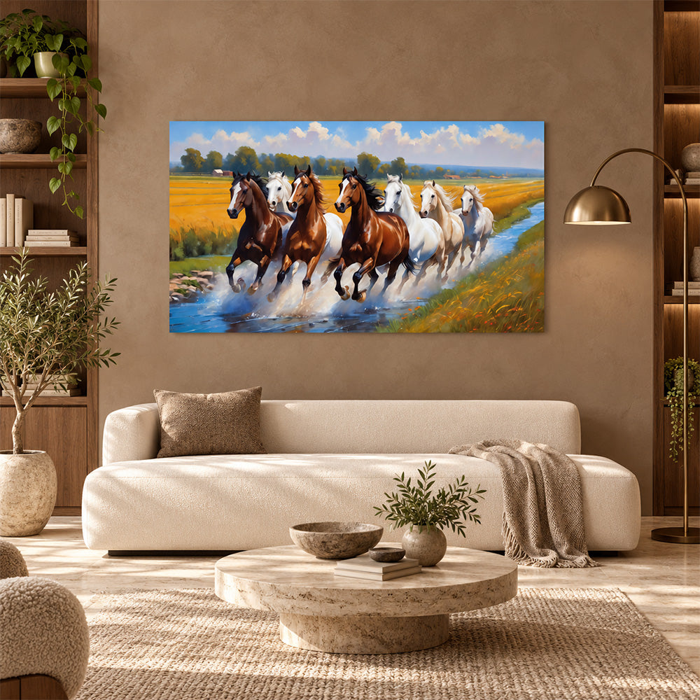 Sepia Homes Running Horses Landscape Wall Painting | Canvas Wall Art for Living Room, Bedroom & Office