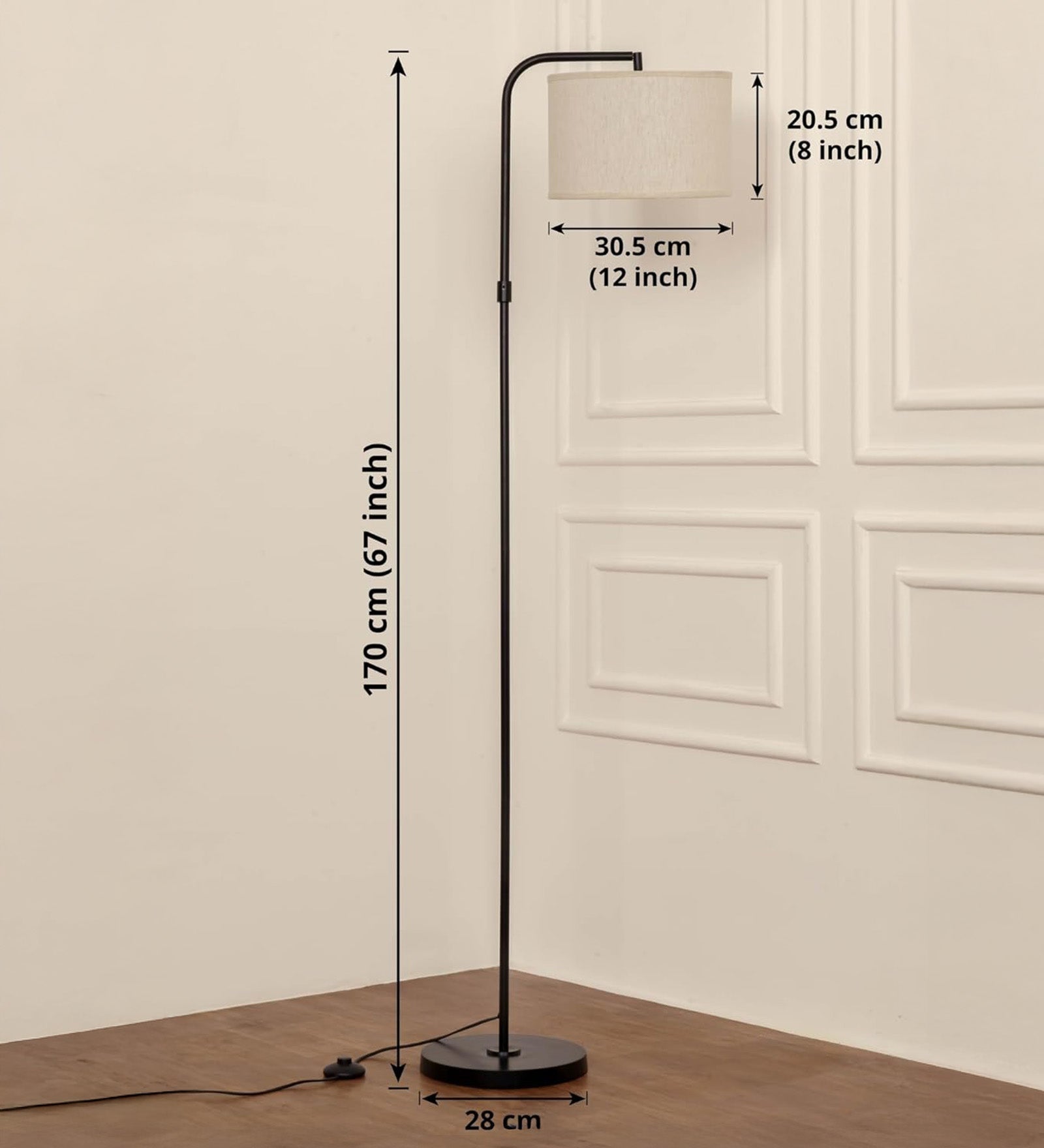 Black Modern Arc Floor Lamp 6Ft Height with 12 inches Off White Drum Lampshade with Adjustable Shade Angle