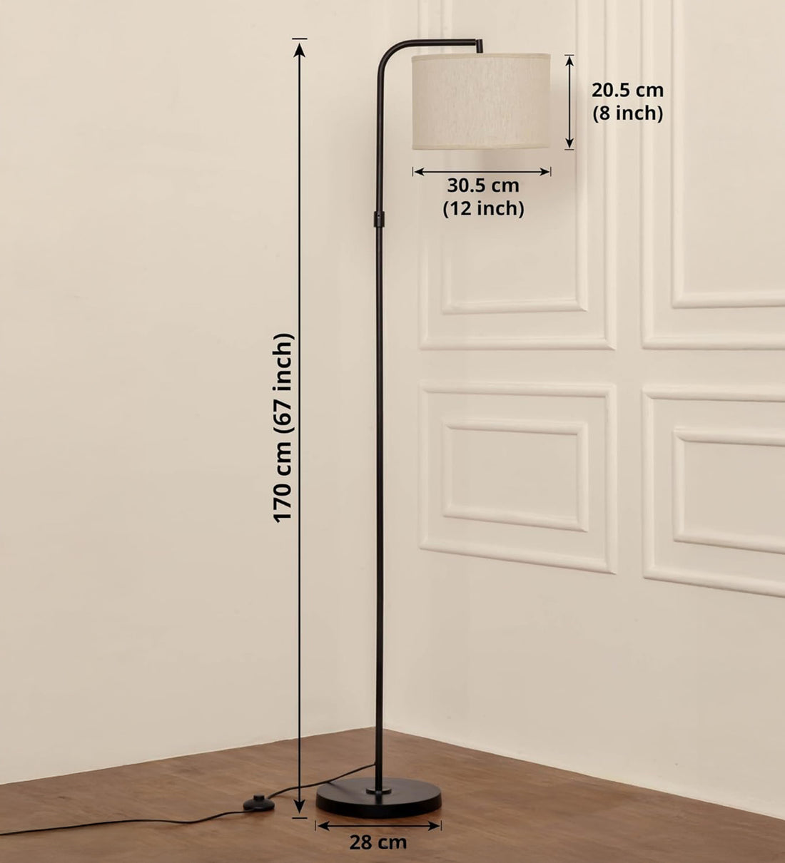 Black Modern Arc Floor Lamp 6Ft Height with 12 inches Off White Drum Lampshade with Adjustable Shade Angle