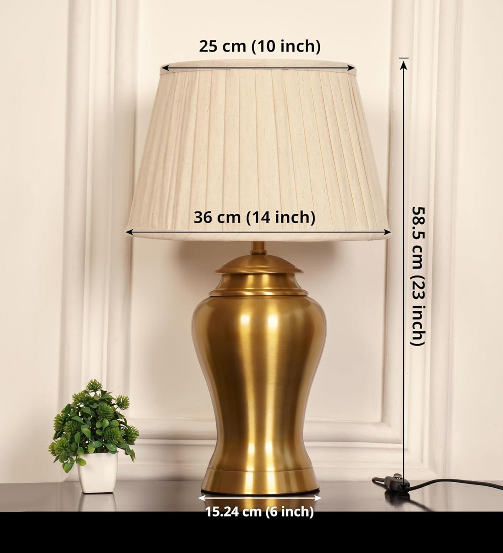 Royal Brass Antique Gold Finish Table Lamp 23 Inches Height With Off White 14 Inches Pleated Diameter Lampshade