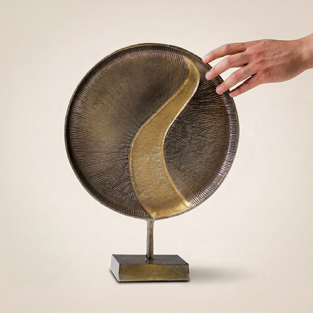 Aureva Radiant Disc Abstract Aluminum Sculpture – Modern Gold & Silver Tabletop Art