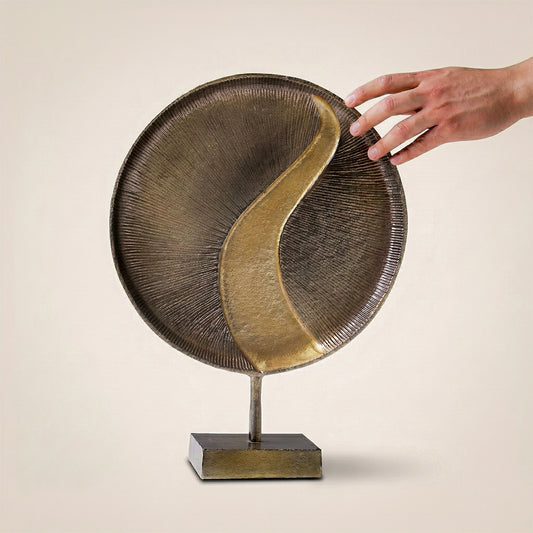 Aureva Radiant Disc Abstract Aluminum Sculpture – Modern Gold & Silver Tabletop Art
