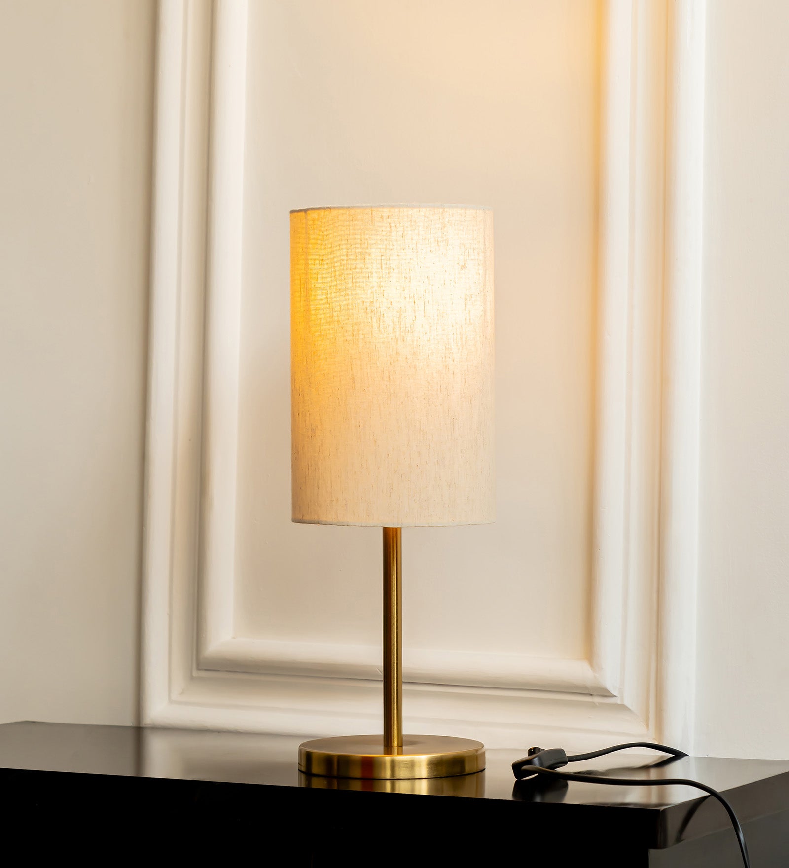 Table Lamp Antique Brass Finish 19 inches Height with Off White Cylinder Lampshade