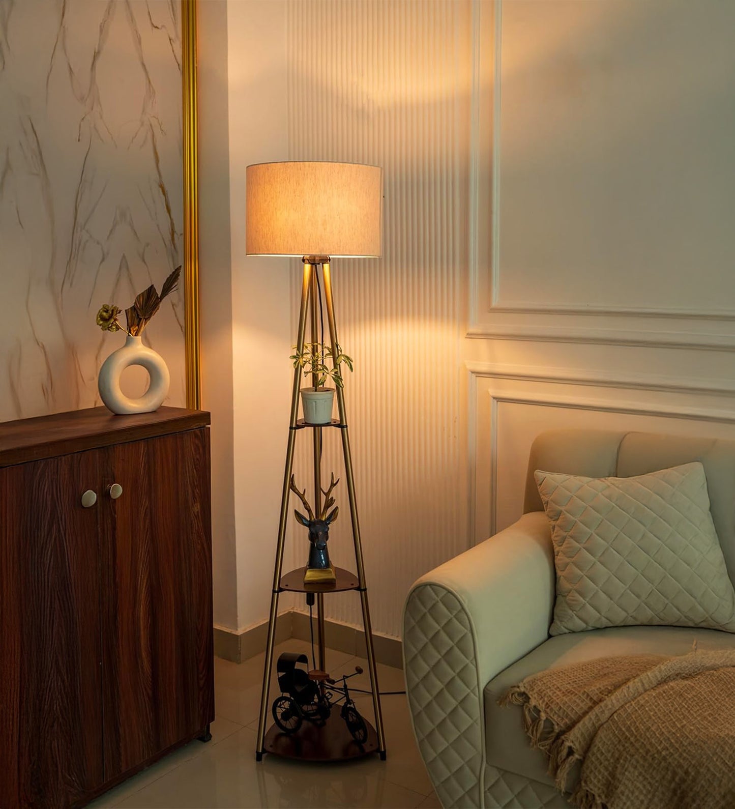 Antique Brass 3-Shelf Floor Lamp (5 ft) – 14″ Shade