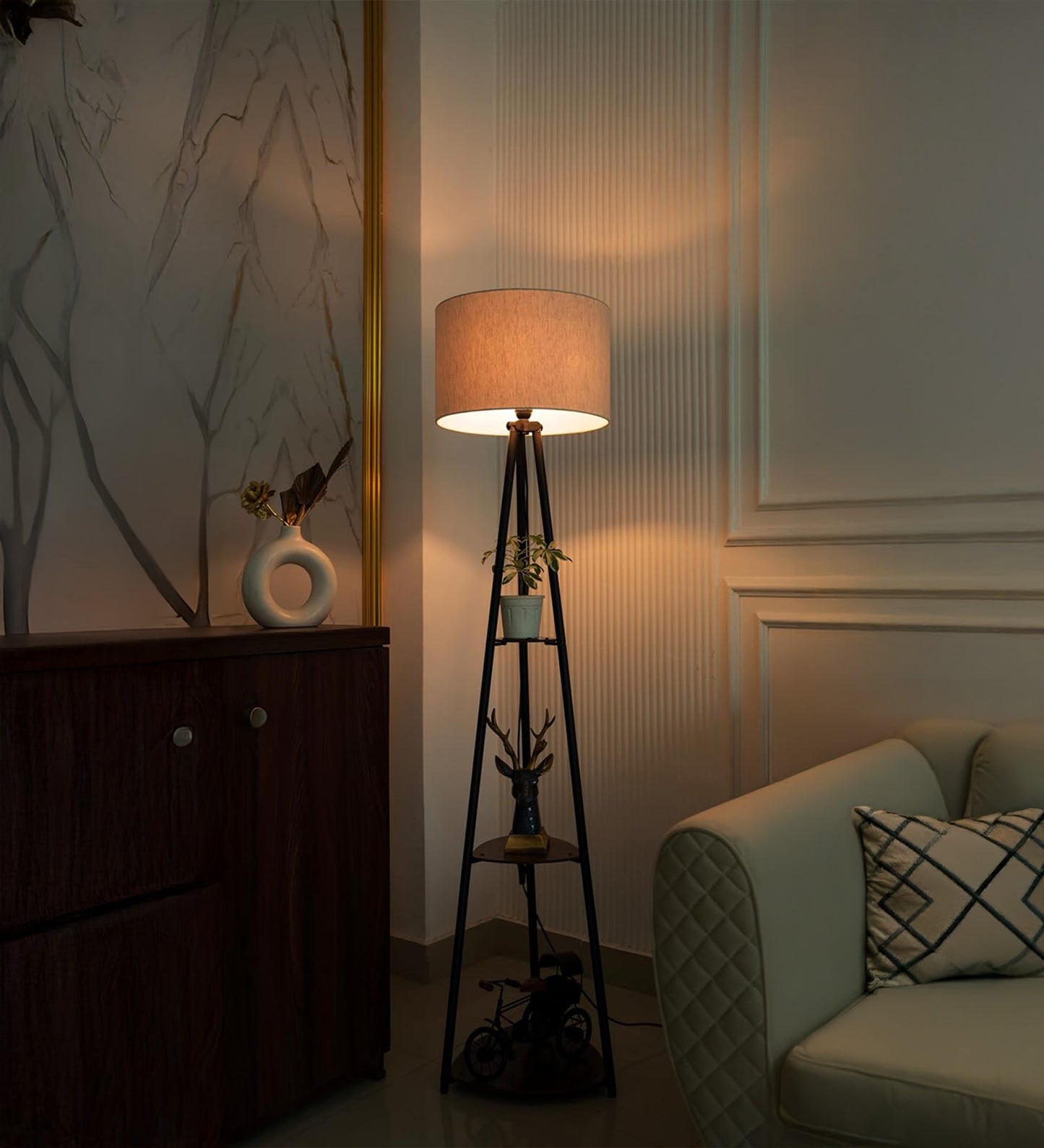 3 Shelf Floor Lamp Black with 14" Drum Shade