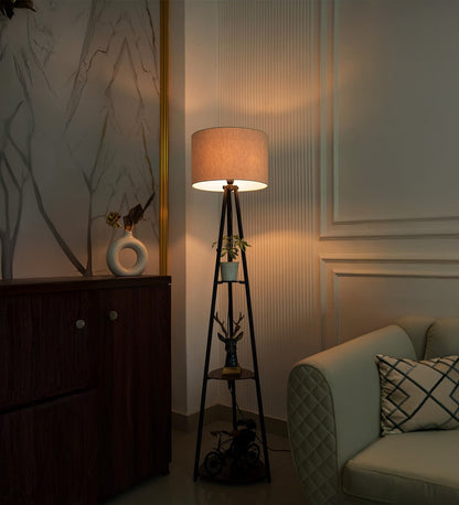 3 Shelf Floor Lamp Black with 14" Drum Shade