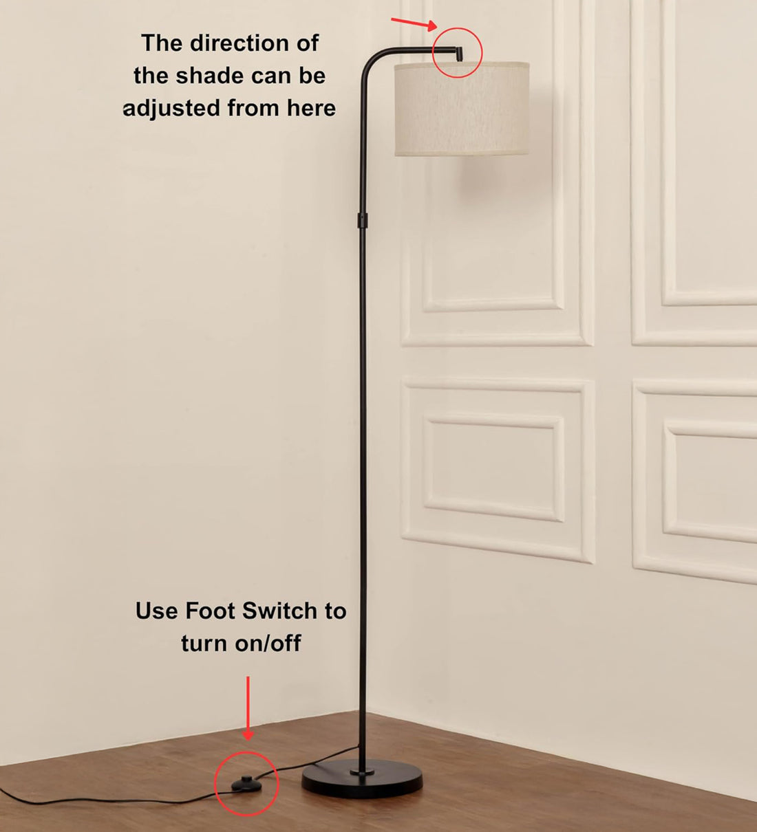 Black Modern Arc Floor Lamp 6Ft Height with 12 inches Off White Drum Lampshade with Adjustable Shade Angle